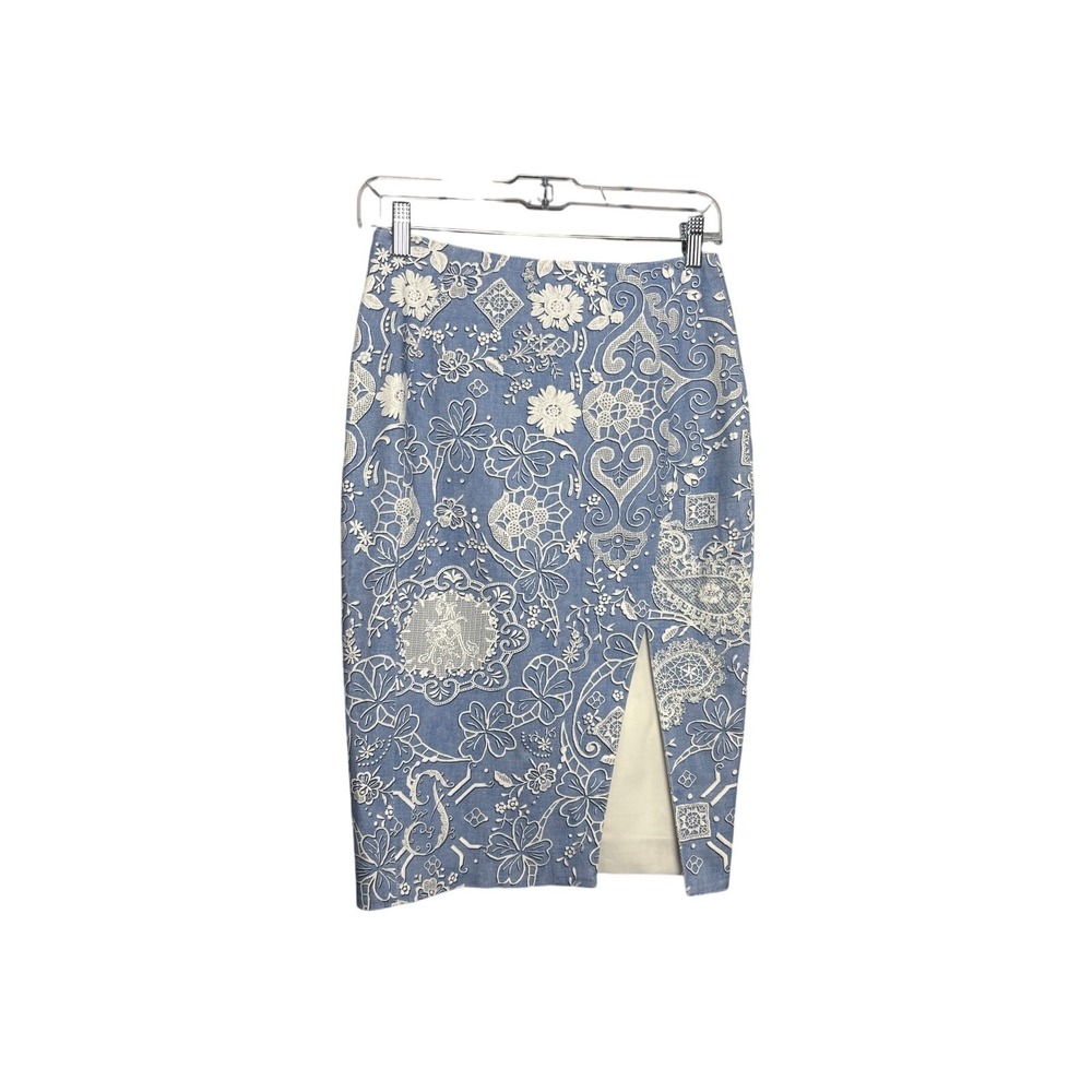 Altuzarra Italian Pencil Skirt‎ Designer Floral Print Light Blue Side Slit 36